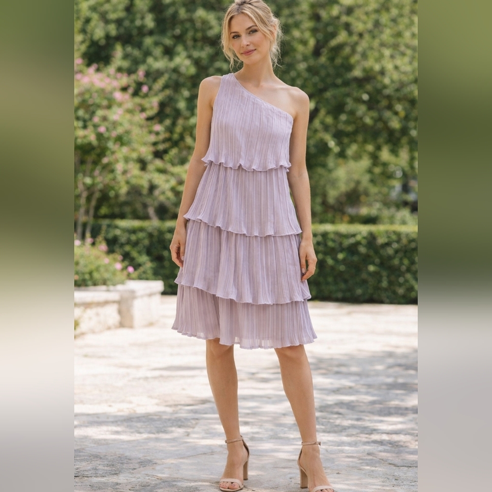 Lilac Midi Dress Pleated Chiffon One Shoulder Cocktail Garden Party Romantic